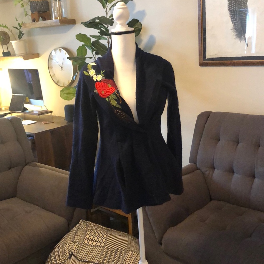 Anthropology Wool Sweater with Embroidered Flowers